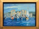 painting of boats in a harbor with buildings in the background