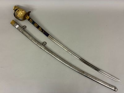two swords with a gold handle on a white surface
