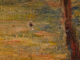 an oil painting of a field with a tree and a bird in the distance