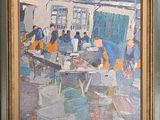 painting of a group of people in a room with tables and chairs