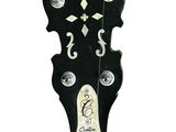 the head of an electric guitar with a black body and a white fret