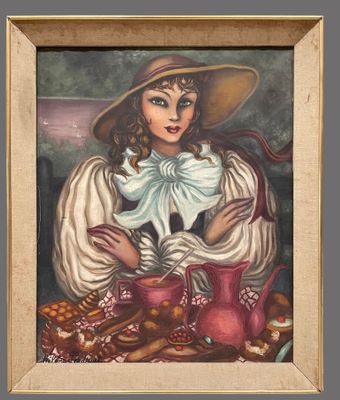 an oil painting of a woman in a hat and dress holding a pot