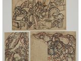three drawings of a man on a horse and a woman on a horse