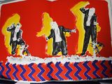 a picture of a painting of a group of people on a red background