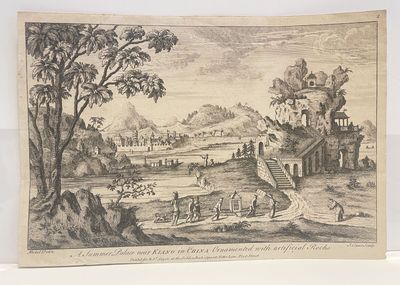 an old drawing of a village with people and horses in the foreground