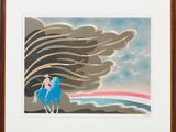 tableau représentant une femme à cheval, avec un arc-en-ciel en arrière-plan