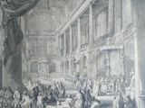 un dessin représentant une grande pièce avec des personnes à l'intérieur