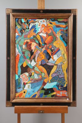 une peinture à l'huile posée sur un chevalet, représentant un homme et une femme