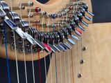 a close up of the strings on a harp