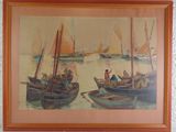 a painting of a group of people in a boat on the water