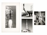 several black and white photographs of a rocket being lifted by a crane
