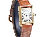 an image of a cartier tank watch with a brown leather band