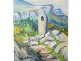 an oil painting of a tower in the mountains with a mountain in the background