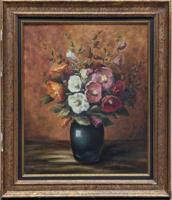 tableau représentant un vase de fleurs posé sur une table, avec un mur en arrière-plan