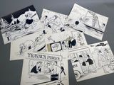 six black and white comics of people on a table