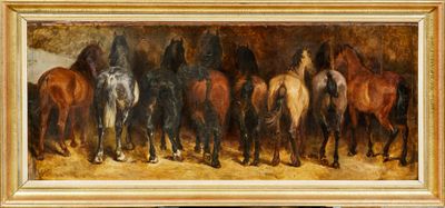 tableau représentant un groupe de chevaux dans une écurie, peint par un homme