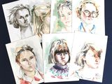 six watercolor portraits of a woman, a man, a child, and a man