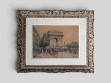 framed picture of a painting of a street scene with a horse drawn carriage