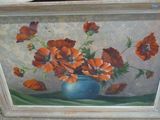 une image d'un tableau de fleurs dans un vase bleu