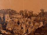 un dessin représentant une vue d'une ville depuis le sommet d'une colline