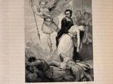 an old book with a drawing of a man holding a flag