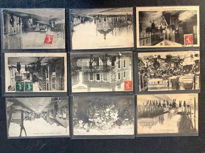 several old black and white photographs of people and buildings