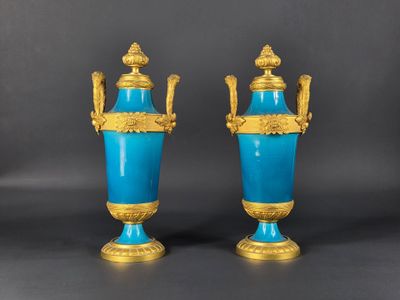 Paire de vases en porcelaine bleue à monture en bronze doré.