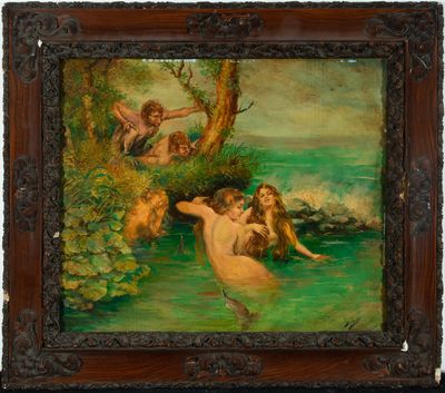 an oil painting on canvas of a woman and two men in the water