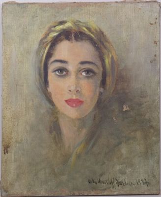 painting of a woman with a yellow head scarf and a green scarf