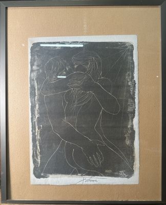 painting of a woman in a black frame with a black background