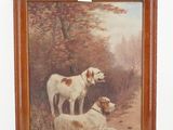 a picture of a painting of two dogs in a wooded area