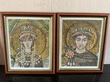 two framed mosaic portraits of a man and a woman