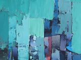 an abstract painting of a cityscape in blue, green and red