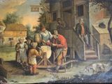 un tableau représentant un groupe de personnes devant un bâtiment