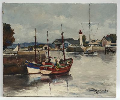 a painting of a boat in the water with a lighthouse in the background