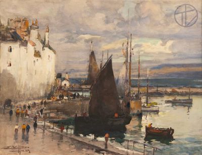 a painting of a harbor scene with boats in the water