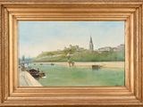 an oil painting of a view of a city with boats in the water