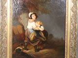 an oil painting of a young girl holding a baby in her arms