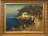 an oil painting of a rocky coast with trees and rocks
