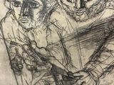 a drawing of two people with a cat on their back