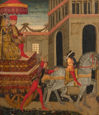 an image of a painting of a man on a horse pulling a cart