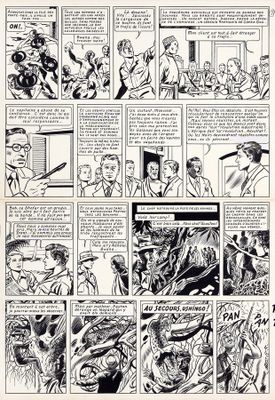 une page en noir et blanc tirée d'une bande dessinée, sur laquelle figure l'image d'un homme coiffé d'un chapeau