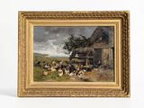 an oil painting of a farm scene with chickens and a barn