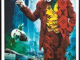 a poster of the joker in a red suit and yellow shirt