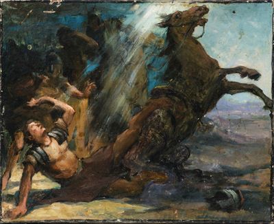 tableau représentant un homme à cheval attaqué par un autre homme