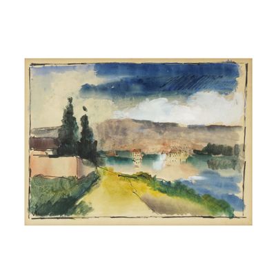 watercolor painting of a landscape with a river and a house