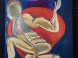 un tableau représentant un homme assis sur une chaise rouge
