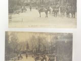 two black and white photos of horses and people in a field