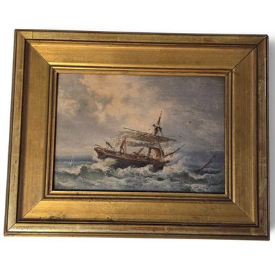painting of a sailing ship in rough seas with a man on the front of it