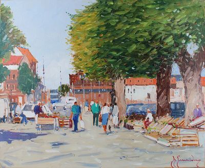 peinture d'une scène de rue avec des personnes marchant dans la rue